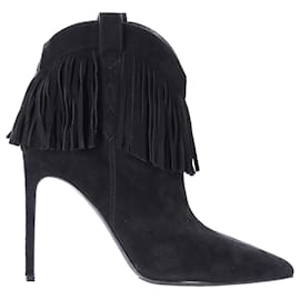 Saint Laurent-Saint Laurent Fringe Ankle Boots in Black Suede-Black