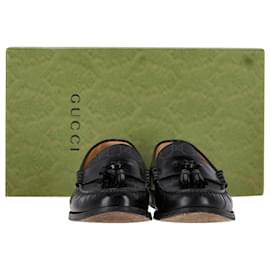Gucci-Mocassins Gucci GG com detalhes de franjas em lona revestida preta e couro-Preto