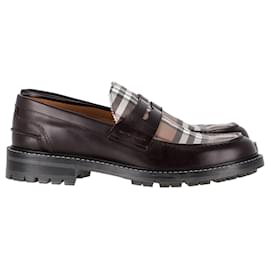 Burberry- Burberry Checked Penny Loafers in Brown Leather-Brown,Red