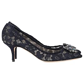 Dolce & Gabbana- Dolce & Gabbana Rainbow Lace Pumps in Navy Blue Silk-Blue,Navy blue