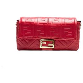 Fendi Baguette Mini Red Leather Maxi Logo Handbag Pink