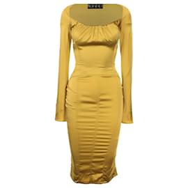 Gucci-Vintage Silk Satin Ruched Midi Dress-Golden,Metallic