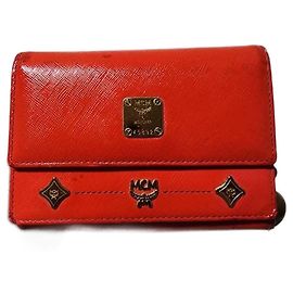 MCM Studded Leather Trifold Wallet Red Red
