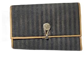 Fendi-Fendi Vintage Canvas Striped Wallet Brown/Black-Brown,Black