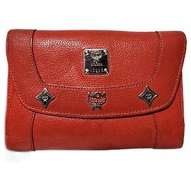 MCM Leather Studded Logo Motifs Medium Wallet Red Red