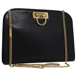 Borsa a spalla Gancini Chain in pelle nera e oro Auth BD929 di Salvatore Ferragamo Nero D'oro