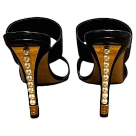 Chanel-Chanel 17A Black Lambskin Leather Pearl Heel Sandal Mules EU 38.5C-Black,White,Gold hardware