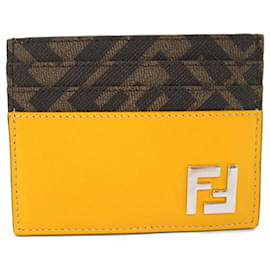 Fendi-Fendi Leather Canvas Card Case Brown/Yellow-Brown