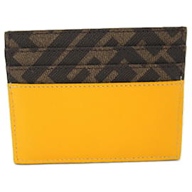 Fendi-Fendi Leather Canvas Card Case Brown/Yellow-Brown