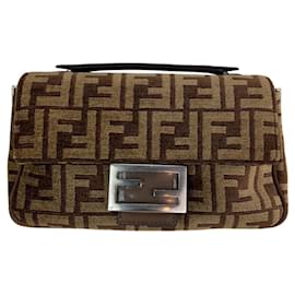 Fendi-Sac à bandoulière Fendi Chenille Vitello Seta FF midi Chain Baguette Sand-Marron