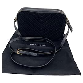Yves Saint Laurent-YVES SAINT LAURENT Lou Camera Matelasse Black Suede Crossbody Bag-Black