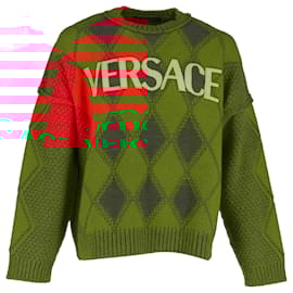 Versace-Suéter de lã vermelha com logo Versace e padrão argyle-Vermelho