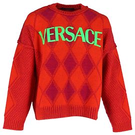 Suéter de lã vermelha com logo Versace e padrão argyle Vermelho