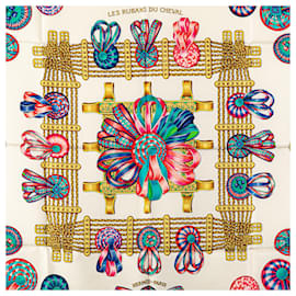 Hermès-Hermès White Les Rubans du Cheval Silk Scarf-White