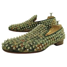 Christian Louboutin-CHRISTIAN LOUBOUTIN DANDY SPIKE LOAFERS 40.5 CAMOUFLAGE CANVAS-Green