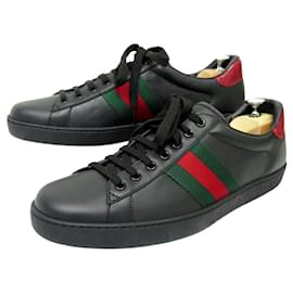 Gucci-NINE GUCCI ACE WEB STRIPE SNEAKERS 11 45 BLACK LEATHER SHOES-Black