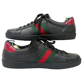 Gucci-NINE GUCCI ACE WEB STRIPE SNEAKERS 11 45 BLACK LEATHER SHOES-Black