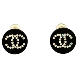 Chanel-NINE CHANEL 2003 ROUND BLACK LOGO CC STRASS EARRINGS-Black