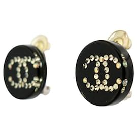 Chanel-NINE CHANEL 2003 ROUND BLACK LOGO CC STRASS EARRINGS-Black