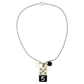 Chanel-NEW CHANEL NECKLACE CC LOGO PLATE NUMBER 5 PEARLS RESIN CHAIN NECKLACE-Silvery