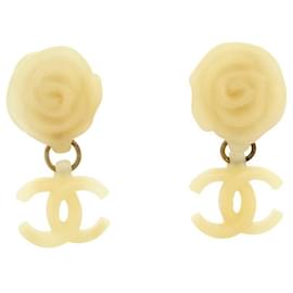 Chanel-NINE CHANEL 2002 CLIP EARRINGS DANGLE CC LOGO CAMELLIA BOX-Cream