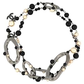 Chanel-CHANEL SAUTOIR NECKLACE 2003 PEARLS CC LOGO 90 CM RUTHENIUM METAL-Black