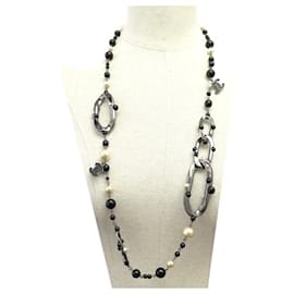 Chanel-CHANEL SAUTOIR NECKLACE 2003 PEARLS CC LOGO 90 CM RUTHENIUM METAL-Black