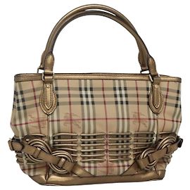 Bolsa de mão em PVC couro bege xadrez Nova da BURBERRY ouro Auth EC786 Bege Dourado
