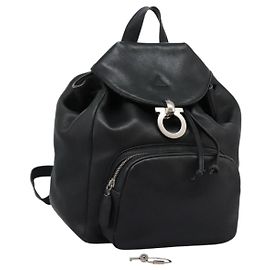 Salvatore Ferragamo Gancini Backpack Leather Black Silver Auth EC696 Black Silvery