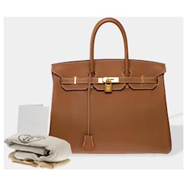 Hermès-HERMES Birkin 35 Bag in Golden Leather - 102587-Golden