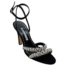 Manolo Blahnik-Manolo Blahnik Black Satin Crystal Embellished Vedada Sandals-Black