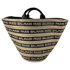 Borsa da spiaggia in rafia con logo Balmain naturale / nera a righe Cammello