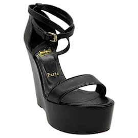 Christian Louboutin-Christian Louboutin Black Leather Si Ma Zeppa 140 Wedge Sandals-Black