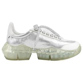 Jimmy Choo-Jimmy Choo Diamond Leather Sneakers in White x Silver, Size 38 EU-White