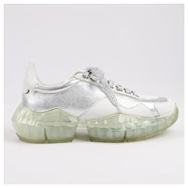 Jimmy Choo-Jimmy Choo Diamond Leather Sneakers in White x Silver, Size 38 EU-White