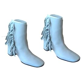 Prada-PRADA LEATHER ANKLE BOOTS WITH FRINGES.-White