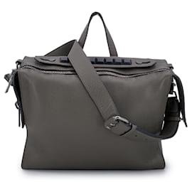 Fendi-Qbic Selleria Grey Leather Lui Satchel Briefcase with Strap-Grey