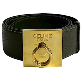 Céline-Celine Vintage Leather Logo Ring Belt-Green