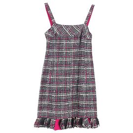 Vestido mini em tweed xadrez com babados em algodão cinza e rosa da Chanel Cinza