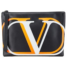 Valentino Garavani Valentino V Logo Leather Clutch Bag Black