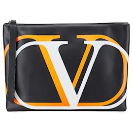 Valentino Garavani-Valentino V Logo Leather Clutch Bag-Black