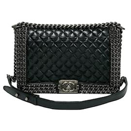 Chanel-Chanel Boy Leather Chain Shoulder Bag-Black