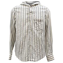 Loewe- Loewe Anagram Striped Hooded Shirt in White and Blue Cotton-White
