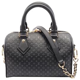 Louis Vuitton-Louis Vuitton Black Embossed Calfskin Nanogram Speedy Bandouliere 25-Black