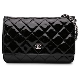 Chanel-Chanel Black CC Quilted Patent Wallet On Chain-Black