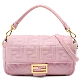 Fendi-Fendi Pink Zucca Embossed Velvet Baguette Satchel-Pink