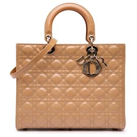 Dior-Dior Brown Large Patent Cannage Lady Dior-Brown,Beige