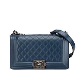 Chanel-Chanel Matelasse Boy 25 Chain Shoulder Bag-Navy blue