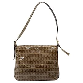 Fendi-FENDI Zucchino Canvas Mamma Baguette Shoulder Bag PVC Brown Gold Auth EC724-Brown,Golden
