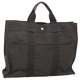 Hermès-HERMES Sac Tote MM Her Line Toile Gris Argent Auth bs23513-Marron,Argenté